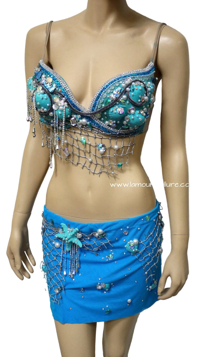 Turquoise Shell Mermaid Top with Skirt Dance Halloween Costume