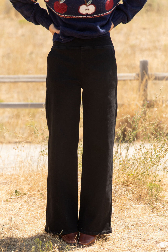 A person stands outdoors in Ivy City Co’s Tyler Pants in Black and a navy sweater with red apple designs. The sunlit backdrop of dry grass and a wooden fence creates an easygoing workweek vibe.