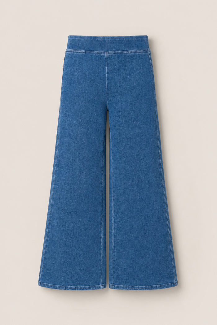 A pair of Ivy City Co's Tyler Pants in Dark Wash Denim, featuring a high-waisted, wide-leg silhouette and classic denim construction, laid flat on a light beige background—perfect for effortless fall style.