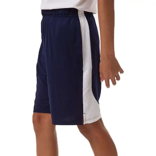 Navy and white athletic shorts on a youth