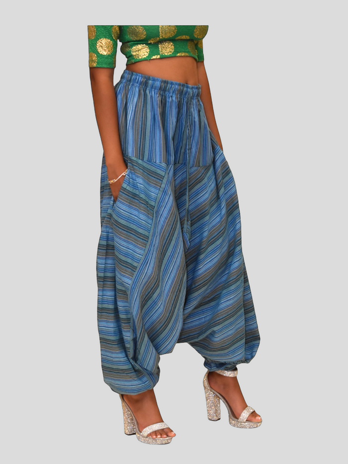 Unisex Cotton Azure Blue Striped Harem pants