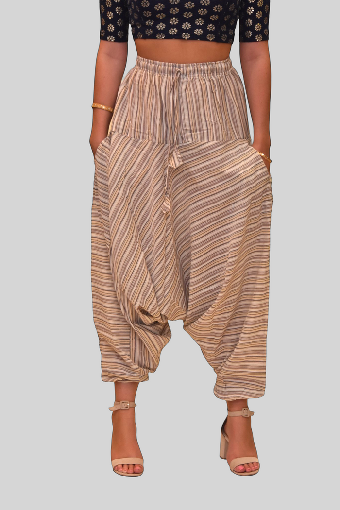 Unisex Cotton Walnut Cream Striped Harem pants