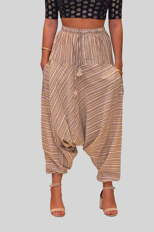 Unisex Cotton Walnut Cream Striped Harem pants