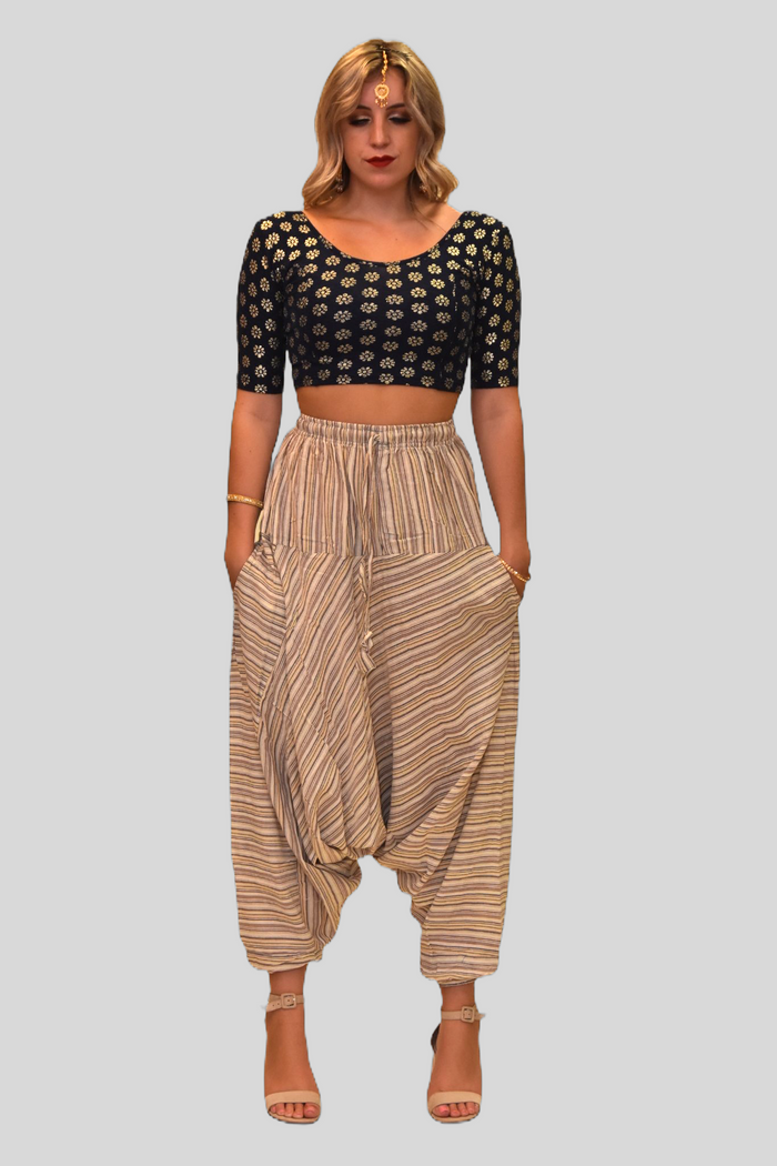 Unisex Cotton Walnut Cream Striped Harem pants