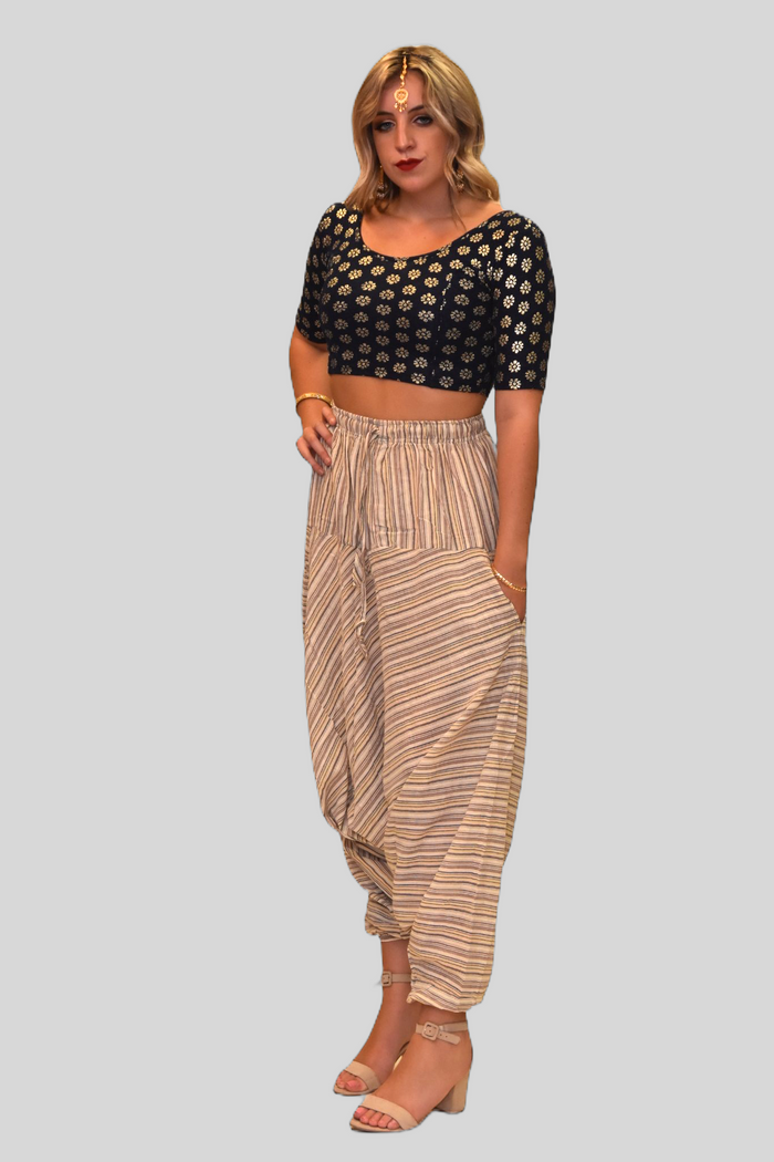 Unisex Cotton Walnut Cream Striped Harem pants