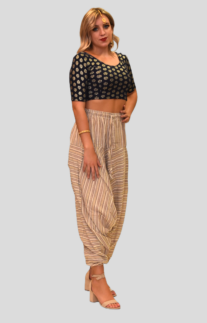 Unisex Cotton Walnut Cream Striped Harem pants