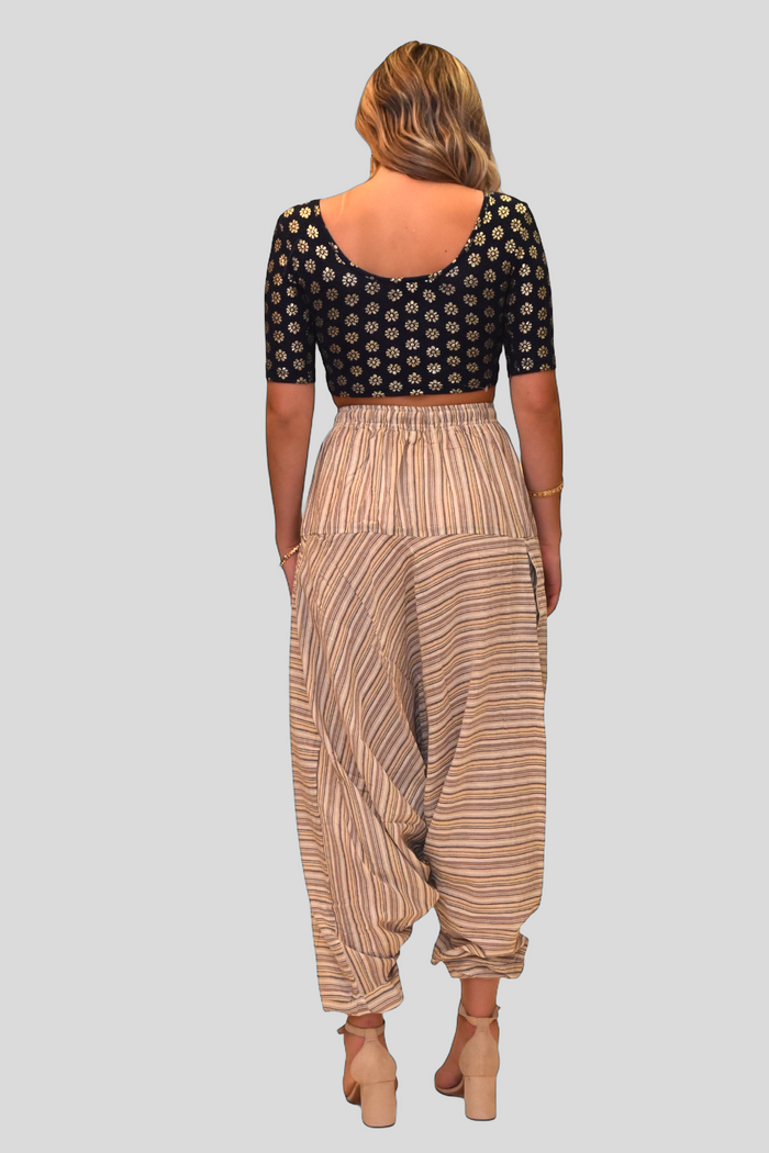 Unisex Cotton Walnut Cream Striped Harem pants