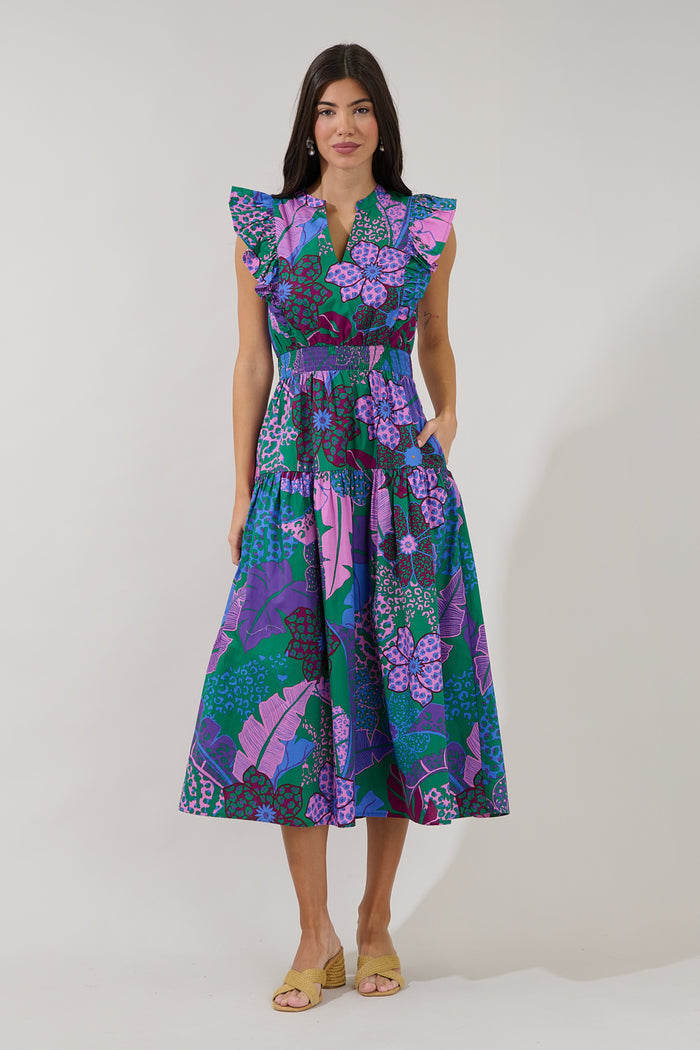 Virna Ruffle Midi Dress Tropical