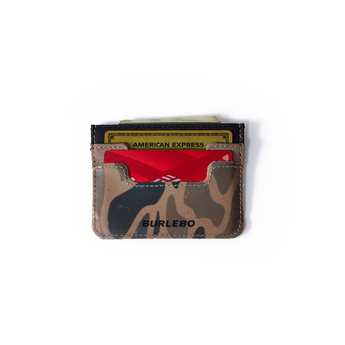 Camouflage cardholder with American Express card on a white background