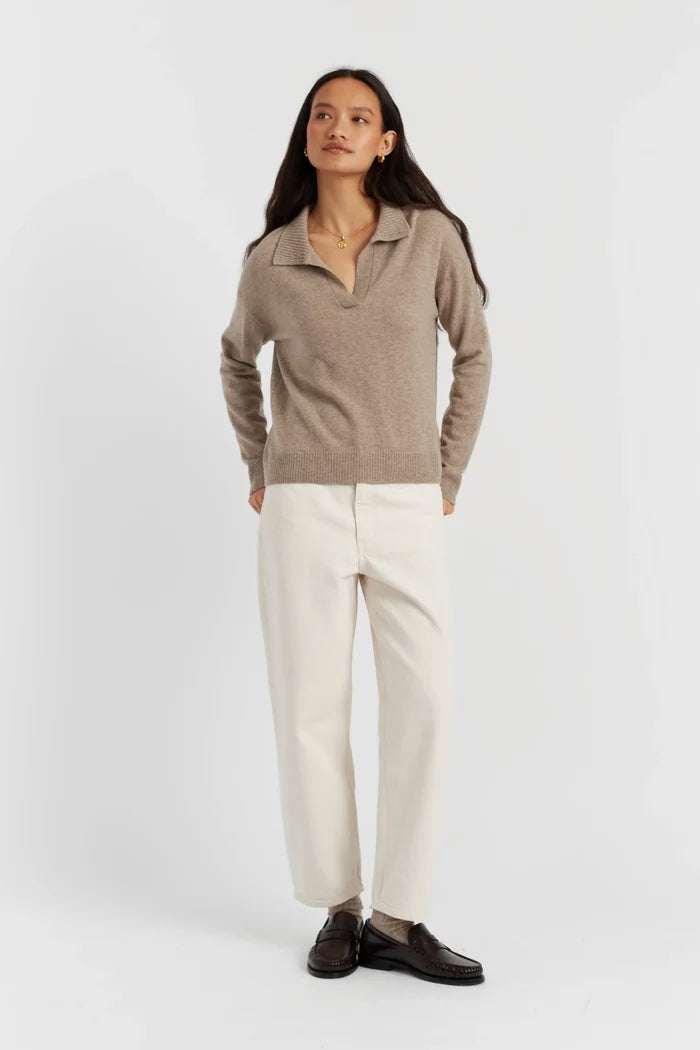 Warm-Oatmeal Wool-Cashmere Collared Sweater