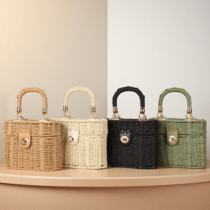 Four woven handbags in the colors tan, cream, black, and sage green on a neutral background