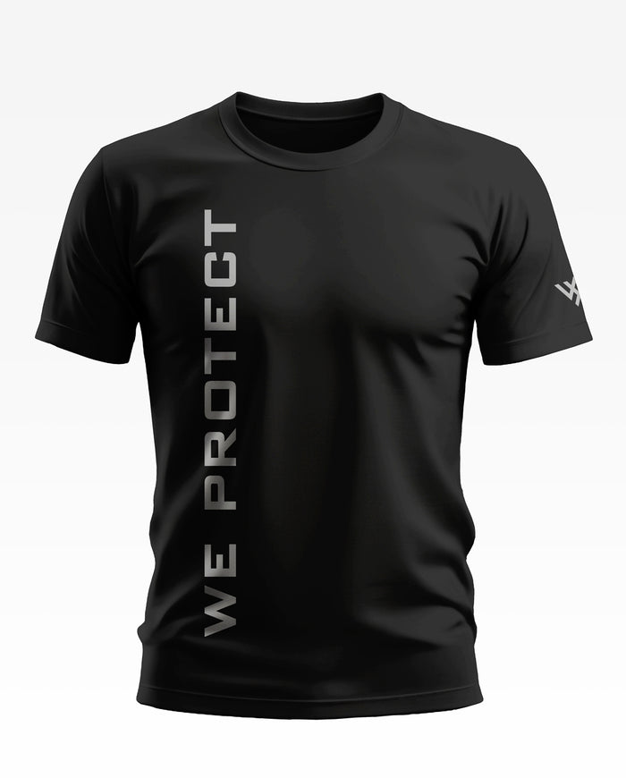Black men's t-shirt with 'WE PROTECT' vertical print, short sleeves, army-inspired style.