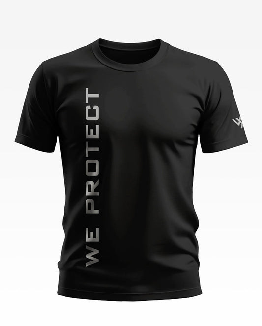 Black men's t-shirt with 'WE PROTECT' vertical print, short sleeves, army-inspired style.