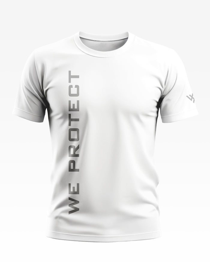 White men's crew neck t-shirt with 'WE PROTECT' vertical text and short sleeves