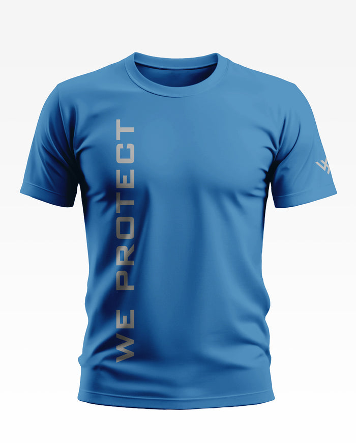 Blue men's t-shirt with 'WE PROTECT' vertical text and short sleeves, army-inspired design.