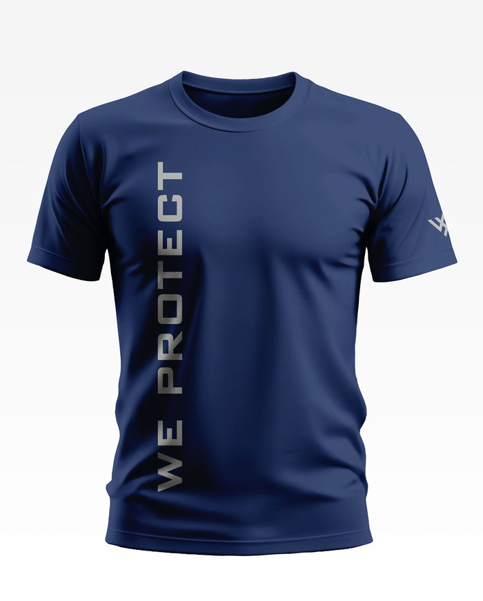 Navy blue men's t-shirt with 'WE PROTECT' vertical print and short sleeves