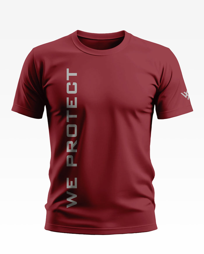 Maroon men's t-shirt with 'WE PROTECT' vertical text and short sleeves, army-inspired design