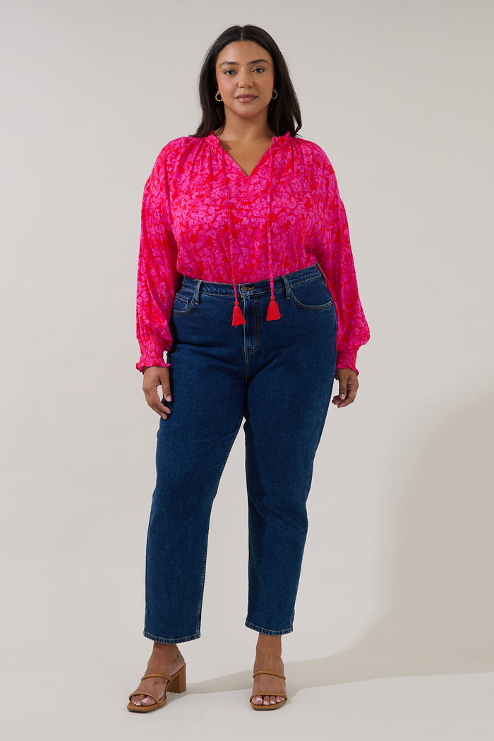 Weylin Split Neck Blouse Rouge Floral Curve
