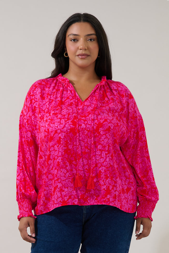 Weylin Split Neck Blouse Rouge Floral Curve