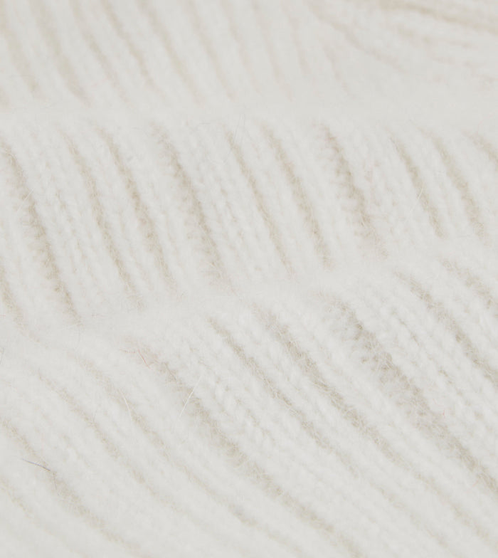 White Angora Lambswool Ribbed Bobble Knit Hat