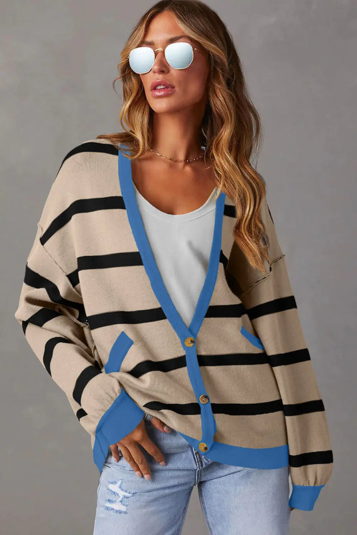 Shop White Colorblock Drop Shoulder Buttoned Loose Cardigan at eAura