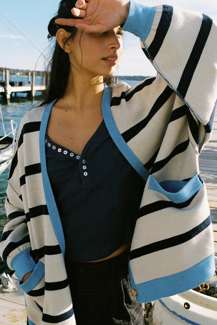 Shop White Colorblock Drop Shoulder Buttoned Loose Cardigan at eAura