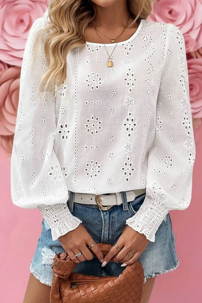 White Eyelet Embroidered Smocked Cuff Sheer Blouse - S - Tops/Blouses & Shirts