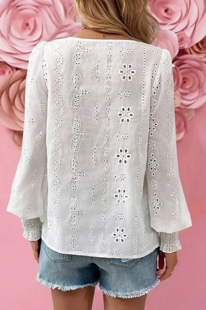 White Eyelet Embroidered Smocked Cuff Sheer Blouse - Tops/Blouses & Shirts