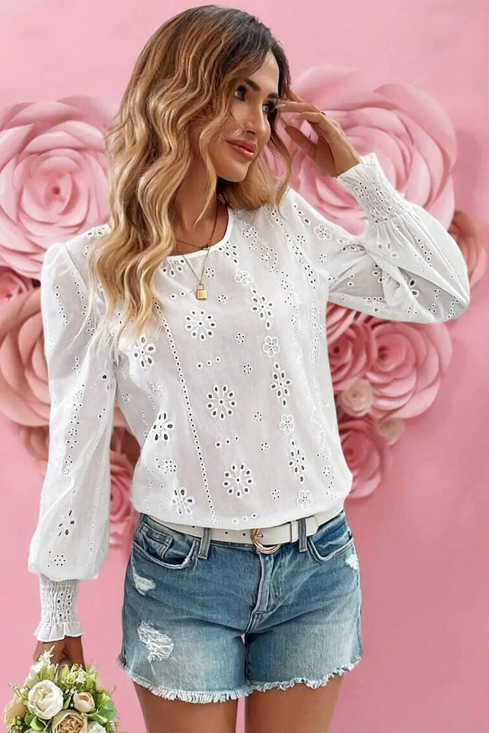 White Eyelet Embroidered Smocked Cuff Sheer Blouse - Tops/Blouses & Shirts