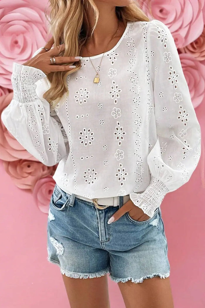 White Eyelet Embroidered Smocked Cuff Sheer Blouse - Tops/Blouses & Shirts