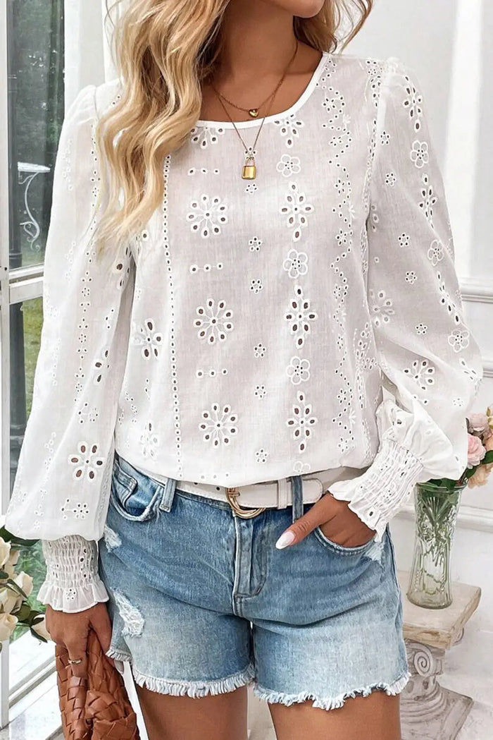 White Eyelet Embroidered Smocked Cuff Sheer Blouse - Tops/Blouses & Shirts