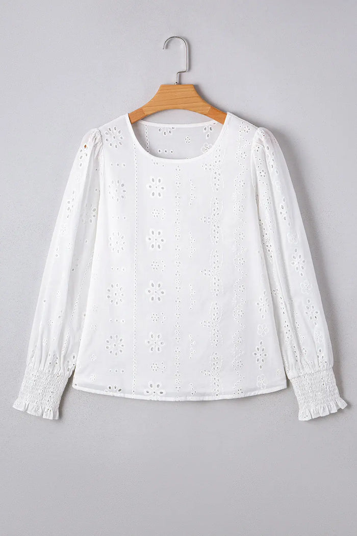 White Eyelet Embroidered Smocked Cuff Sheer Blouse - Tops/Blouses & Shirts