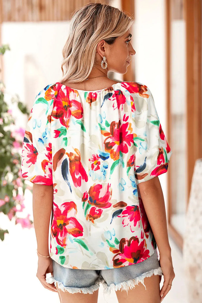 White Floral Print Puffy Half Sleeve Blouse - Tops/Blouses & Shirts