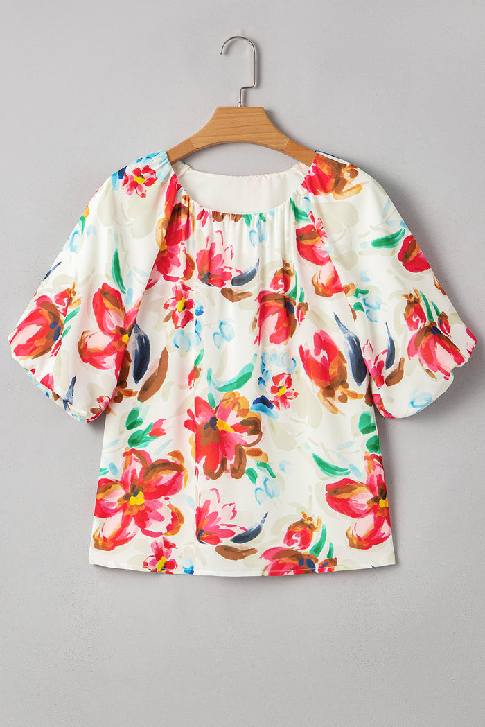 White Floral Print Puffy Half Sleeve Blouse - Tops/Blouses & Shirts