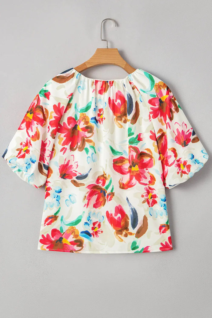White Floral Print Puffy Half Sleeve Blouse - Tops/Blouses & Shirts