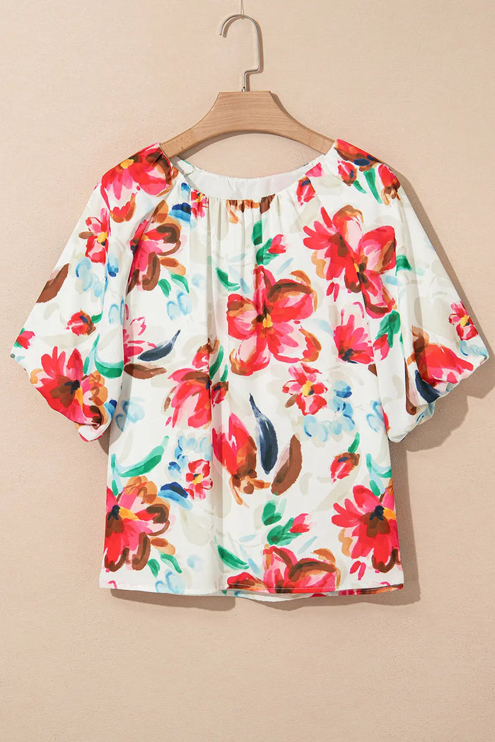 White Floral Print Puffy Half Sleeve Blouse - Tops/Blouses & Shirts