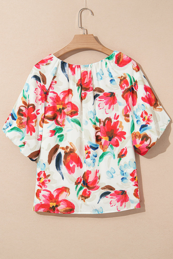 White Floral Print Puffy Half Sleeve Blouse - Tops/Blouses & Shirts