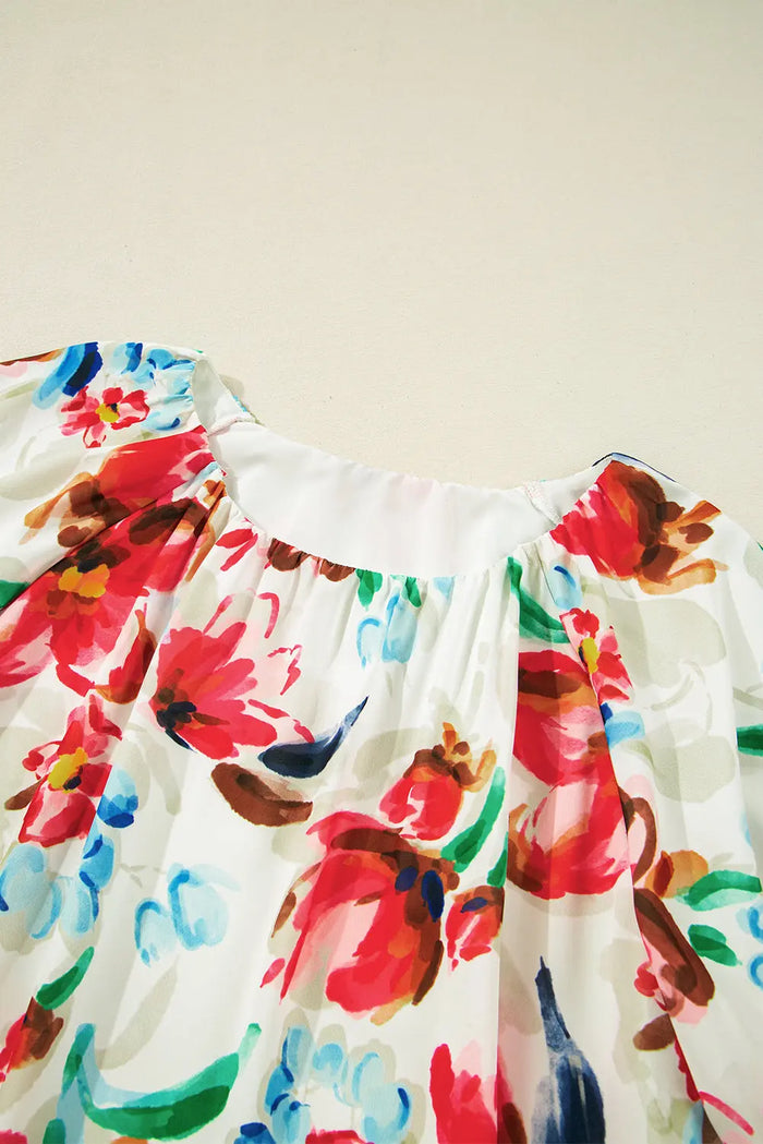 White Floral Print Puffy Half Sleeve Blouse - Tops/Blouses & Shirts