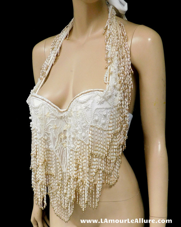 White Ivory Gold Pearl Beaded Flapper Fringe Bra