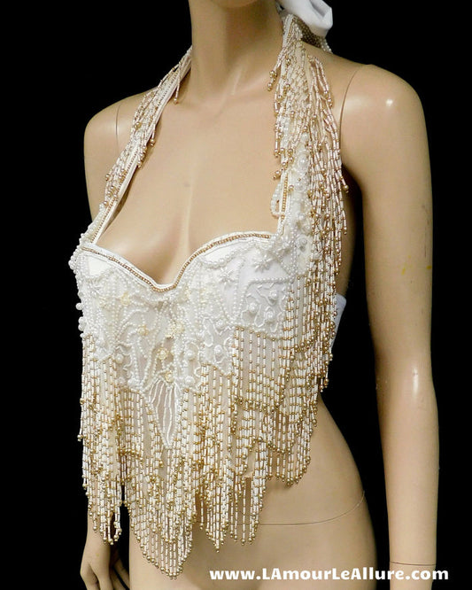 White Ivory Gold Pearl Beaded Flapper Fringe Bra