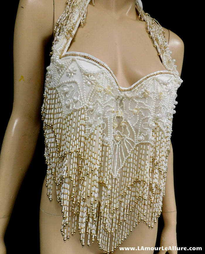 White Ivory Gold Pearl Beaded Flapper Fringe Bra