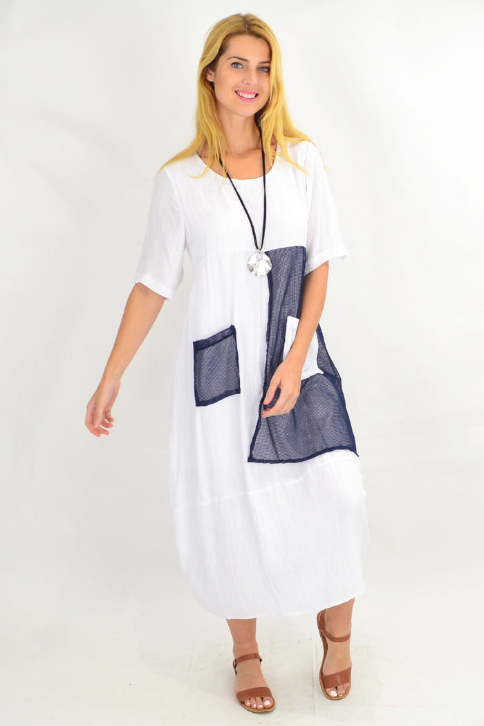 White linen blend net pocket tunic dress by Willow Tree, featuring a relaxed fit and stylish design with side pockets.