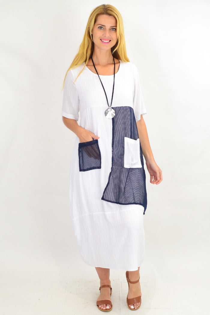White linen blend net pocket tunic dress by Willow Tree, featuring a relaxed fit and casual style, displayed on a neutral background.