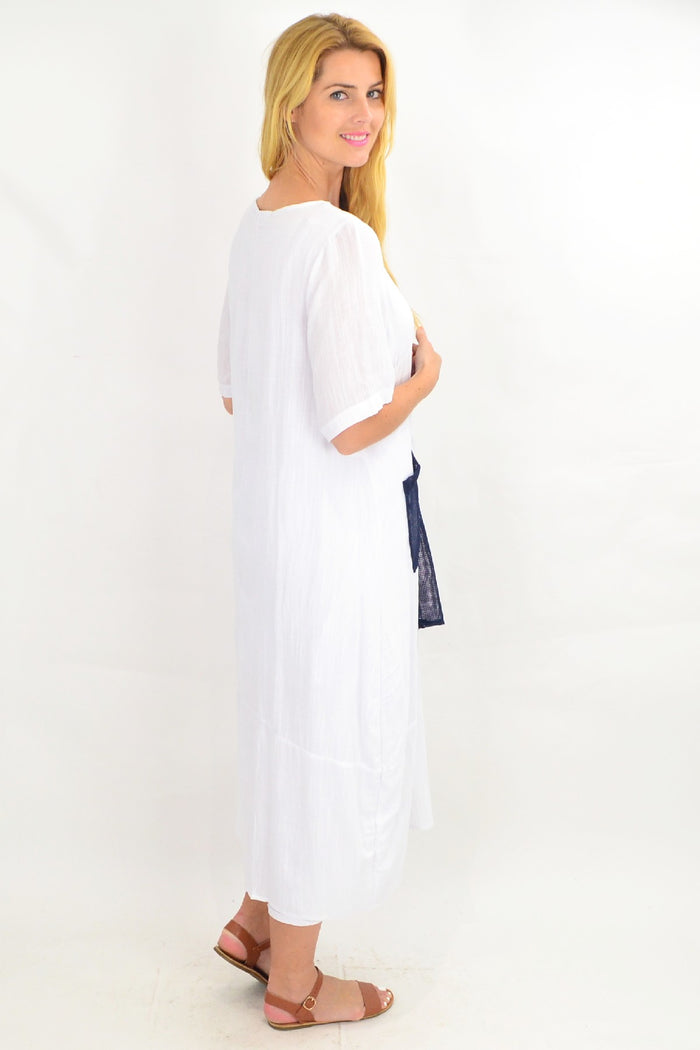 White linen blend net pocket tunic dress by Willow Tree, featuring a relaxed fit and casual style, displayed on a hanger.