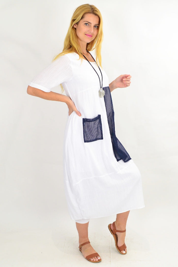 White linen blend net pocket tunic dress by Willow Tree, front view showing lightweight fabric and stylish pocket details.