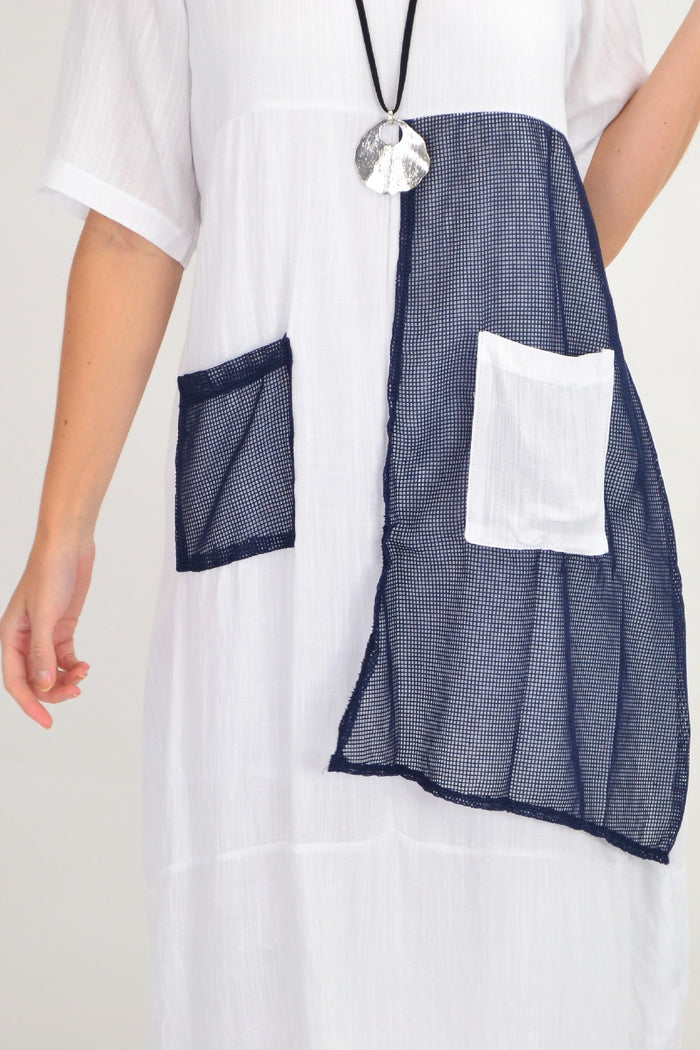 White linen blend net pocket tunic dress by Willow Tree, featuring a relaxed fit and stylish pocket detail.