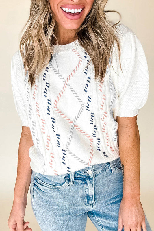 White MultiColour Stitch Detail Cable Knit Short Sleeve Sweater - WHITE / S / 50% VISCOSE + 28% POLYESTER + 22%
