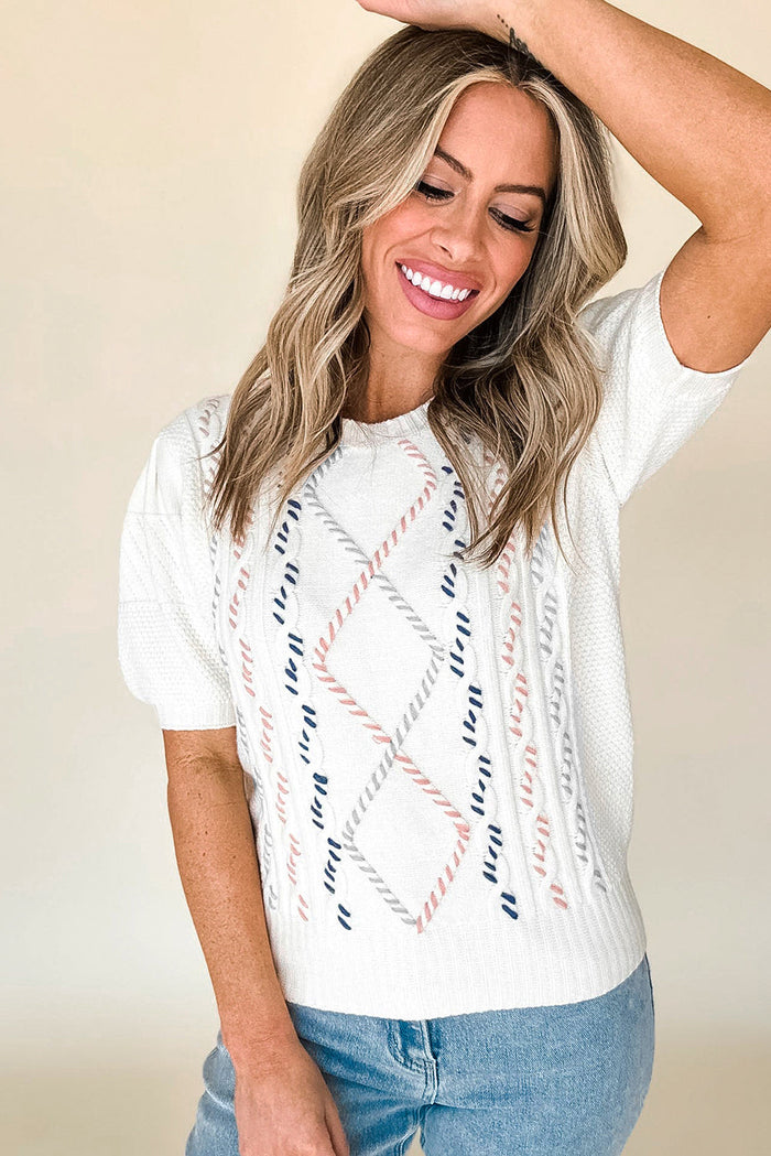 White MultiColour Stitch Detail Cable Knit Short Sleeve Sweater - Sweaters & Cardigans/Short