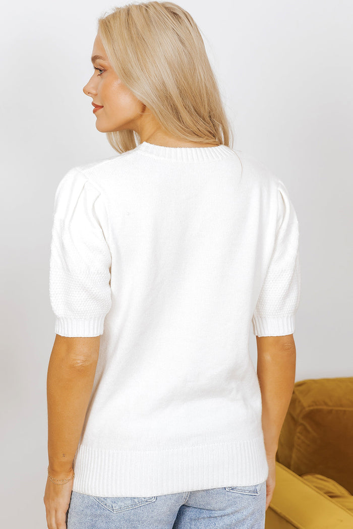 White MultiColour Stitch Detail Cable Knit Short Sleeve Sweater - Sweaters & Cardigans/Short