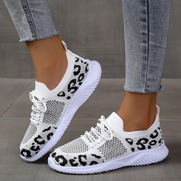 White Women’s Leopard Print Lace-up Sneakers